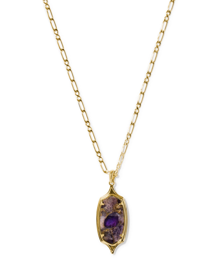 Dani Stepped Frame Gold Long Pendant Necklace Bronze Veined Purple Amethyst