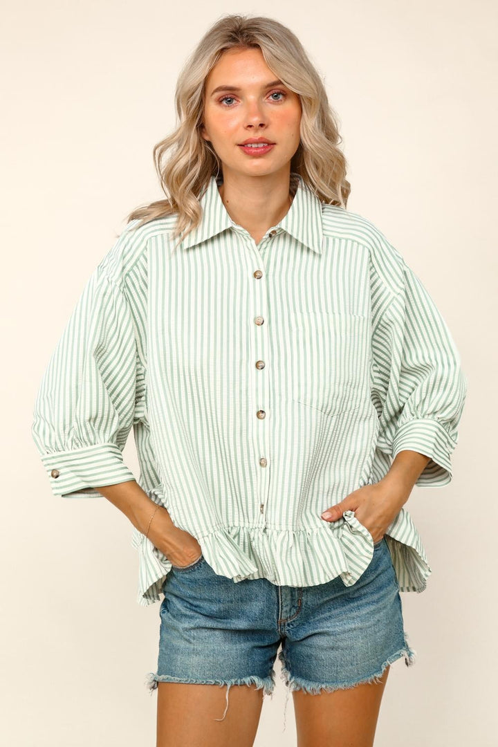 Blue and White Striped Ruffle Top