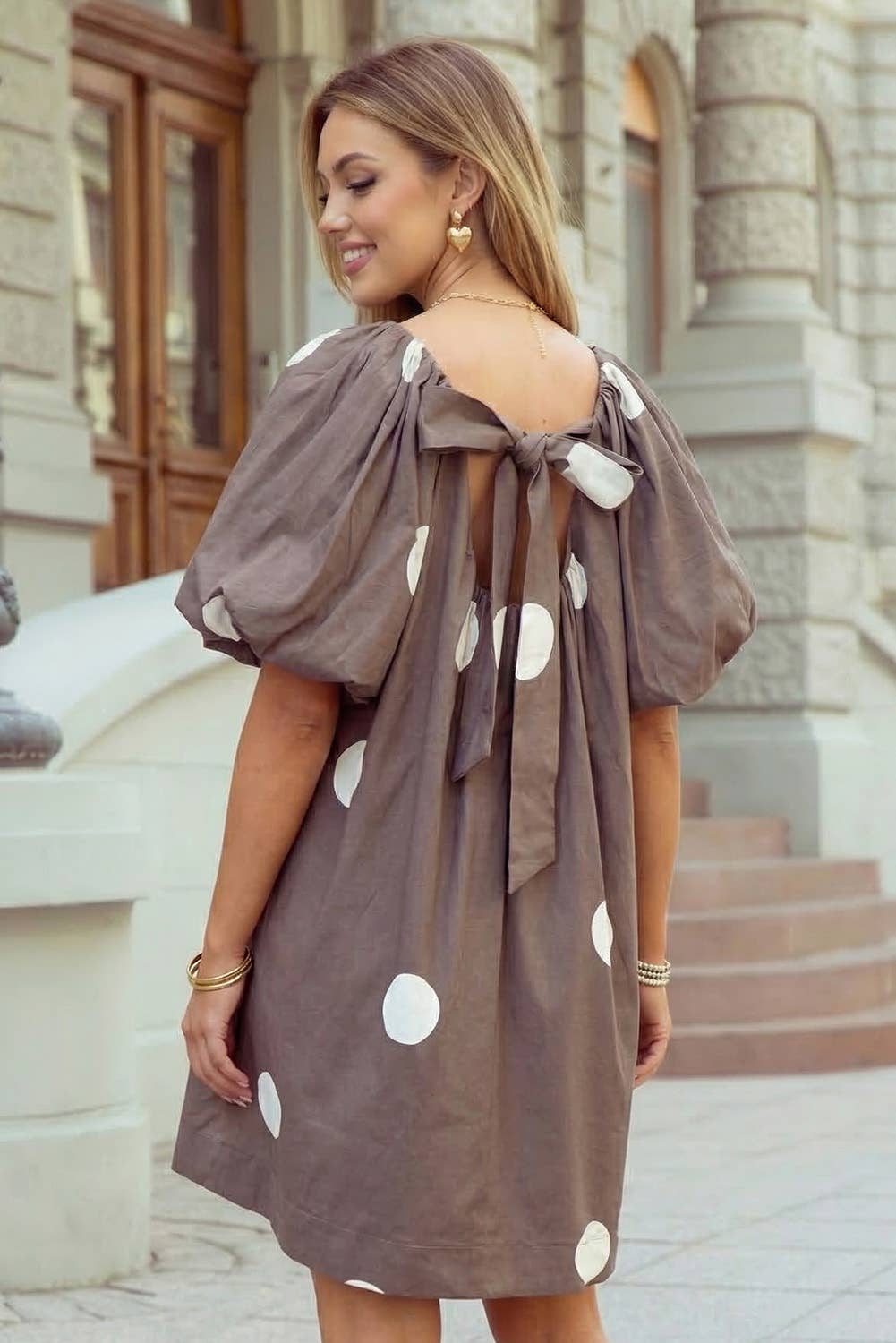 Brown Polka Dot Puff Sleeve Dress