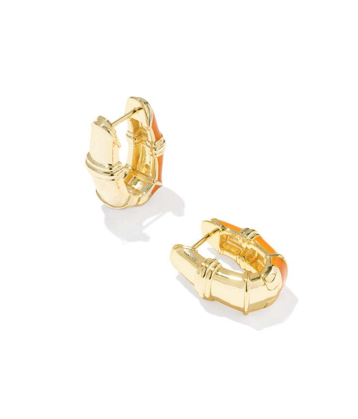 Courtney Gold Enamel Huggie Earrings Bright Orange Enamel