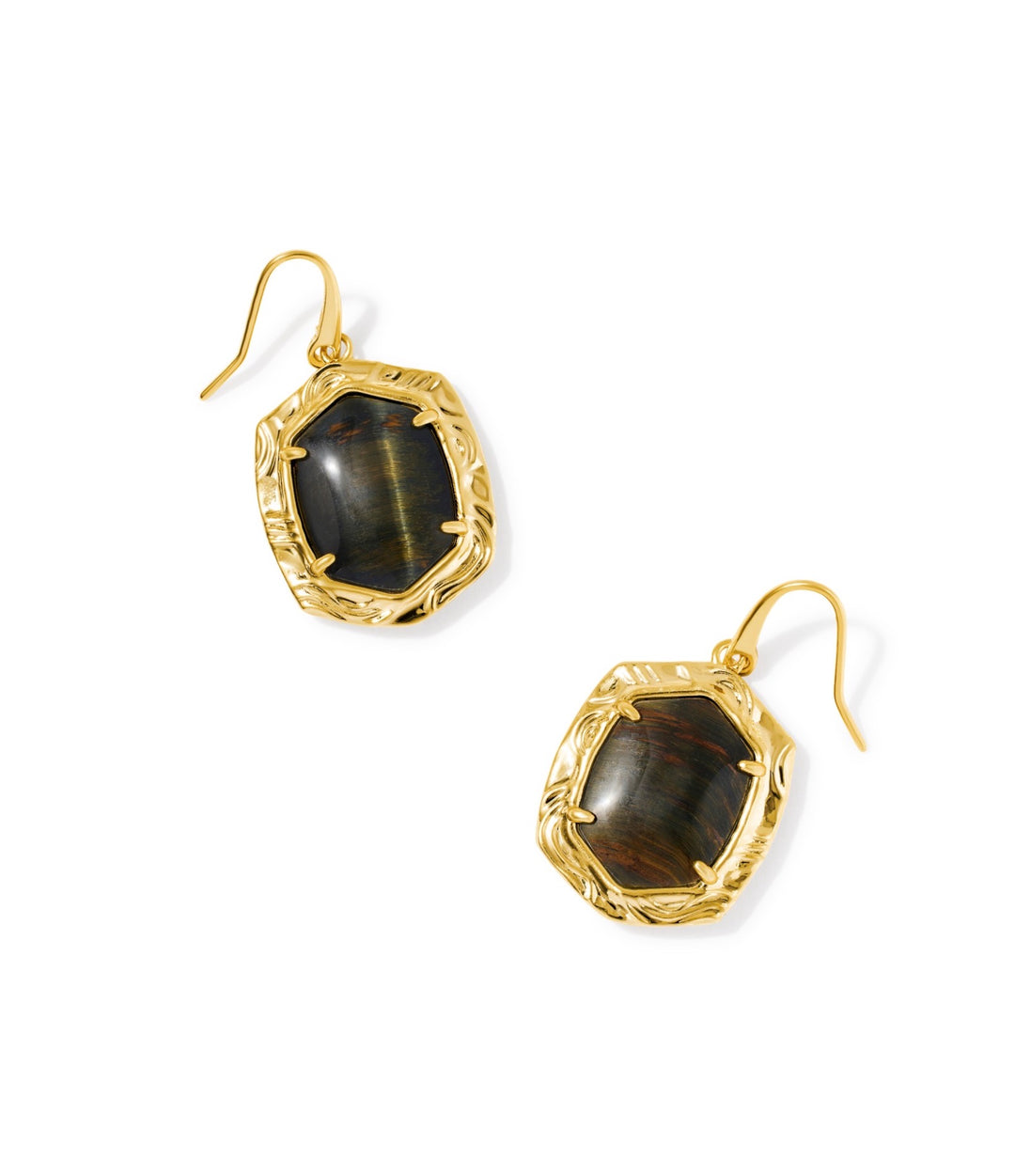 Tiger Striped Daphne Gold Drop Earrings Dark Brown Hawk’s Eye