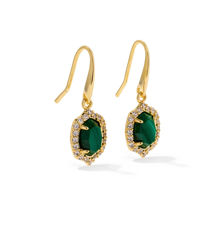 Daphne Crystal Frame Gold Drop Earrings Green Malachite