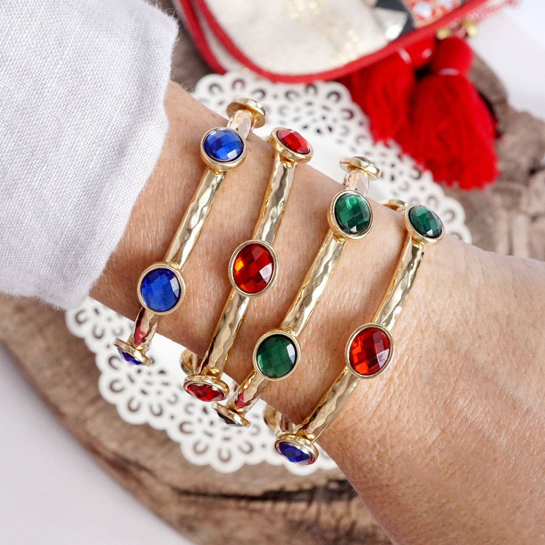 Jeweled Golden Bangle - with Faceted glass oval colorful jewels: Red