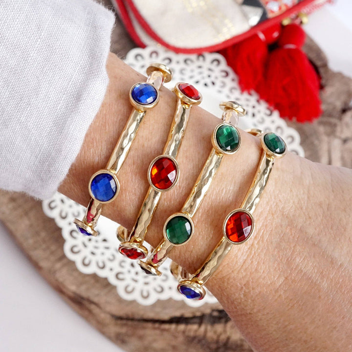 Jeweled Golden Bangle - with Faceted glass oval colorful jewels: Royal Blue