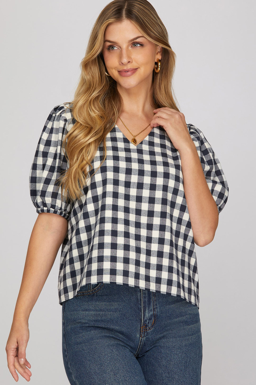 Gingham Puff Sleeve V-Neck Top