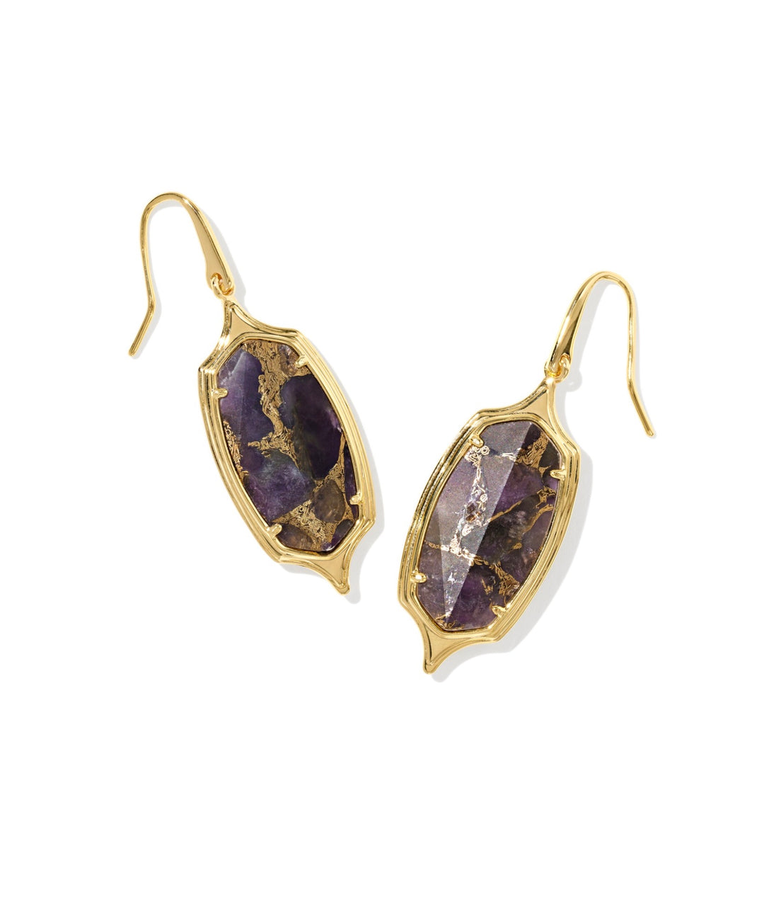 Dani Stepped Frame Gold Drop Earrings Purple Amethyst