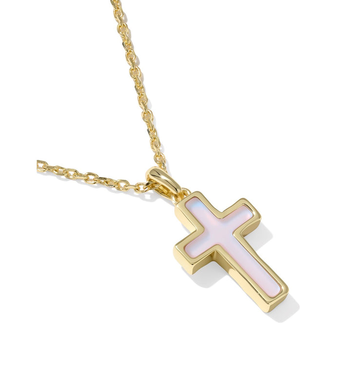 Kendra Scott- Cross Pendant Necklace Gold Matte Blush Pink Dichroic Glass