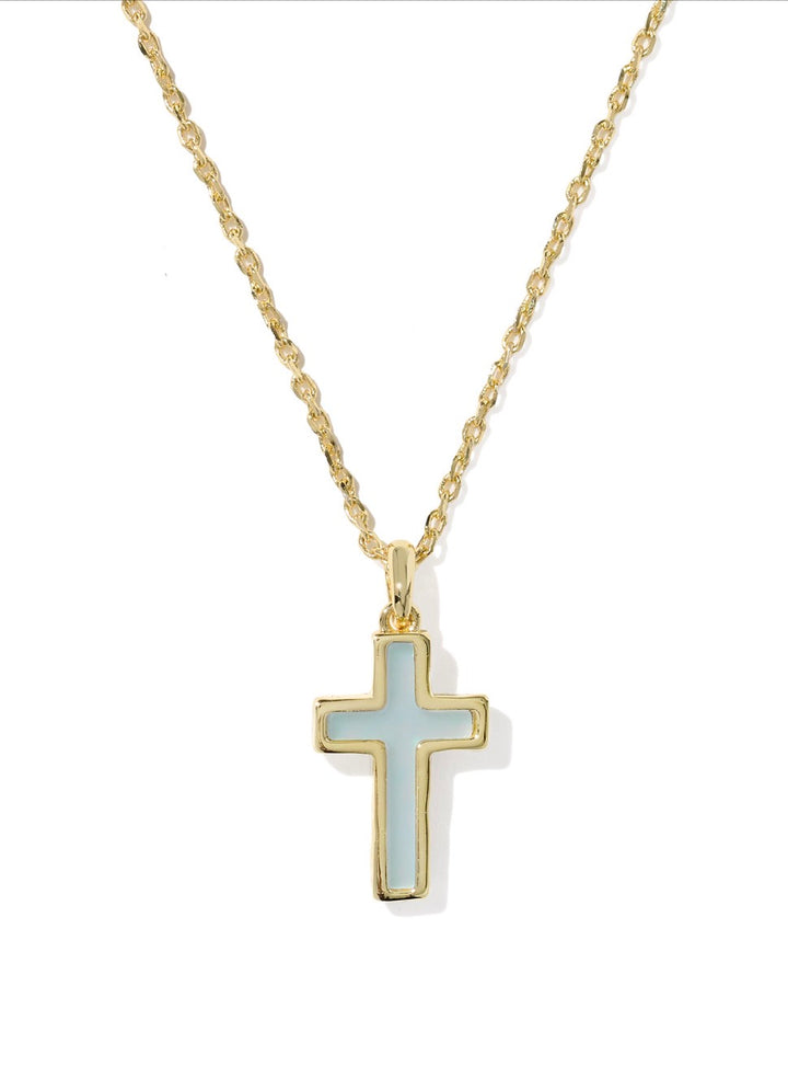 Kendra Scott- Cross Pendant Necklace Gold Matte Light Blue Dichroic Glass