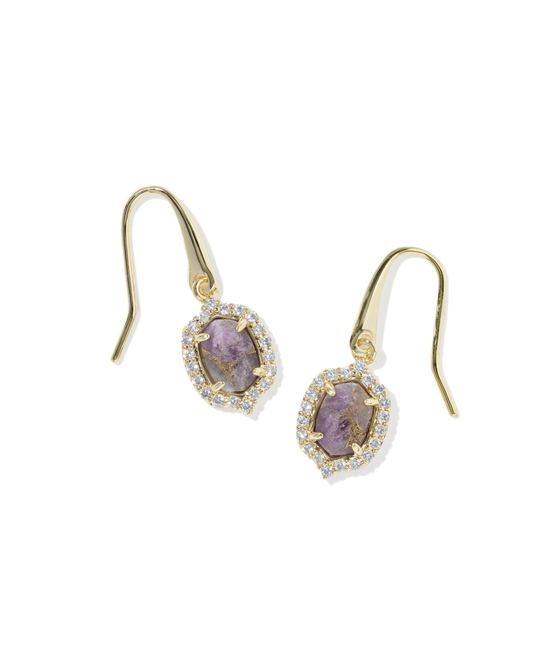 Daphne Crystal Frame Gold Drop Earrings Purple Amethyst