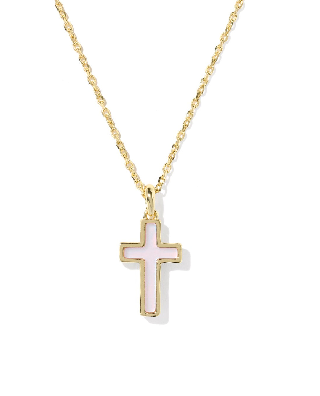 Kendra Scott- Cross Pendant Necklace Gold Matte Blush Pink Dichroic Glass