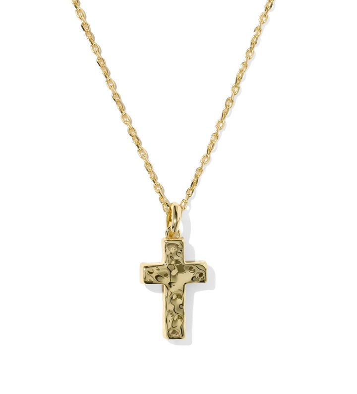 Kendra Scott- Cross Pendant Necklace Gold Matte Blush Pink Dichroic Glass
