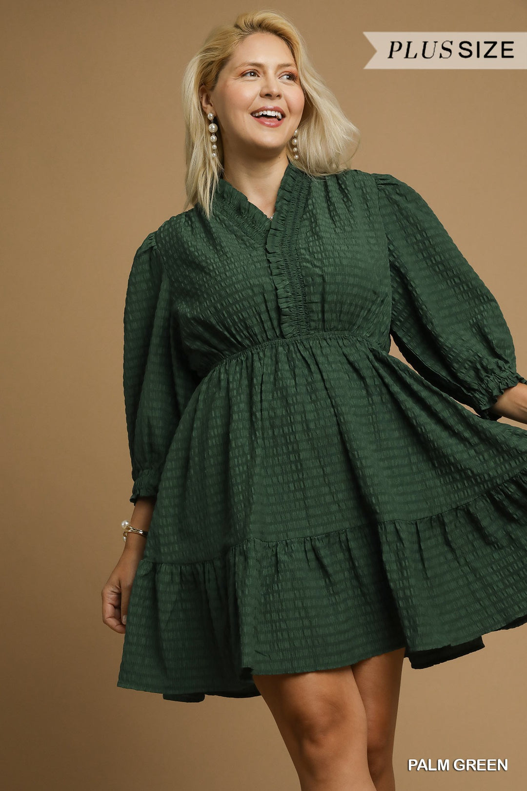 Green Ruffle Trim Textured Babydoll Dress