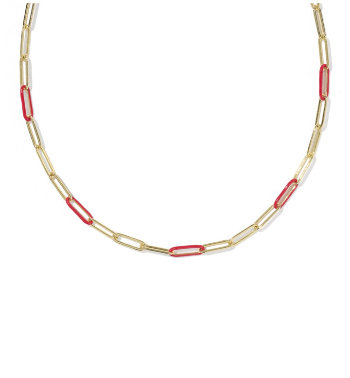Courtney Gold Enamel Link and Chain Necklace Red Enamel