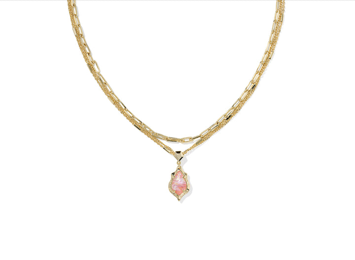 Kendra Scott- Adriana Scallop Frame Multi Strand Necklace Gold Light Pink Iridescent Abalone