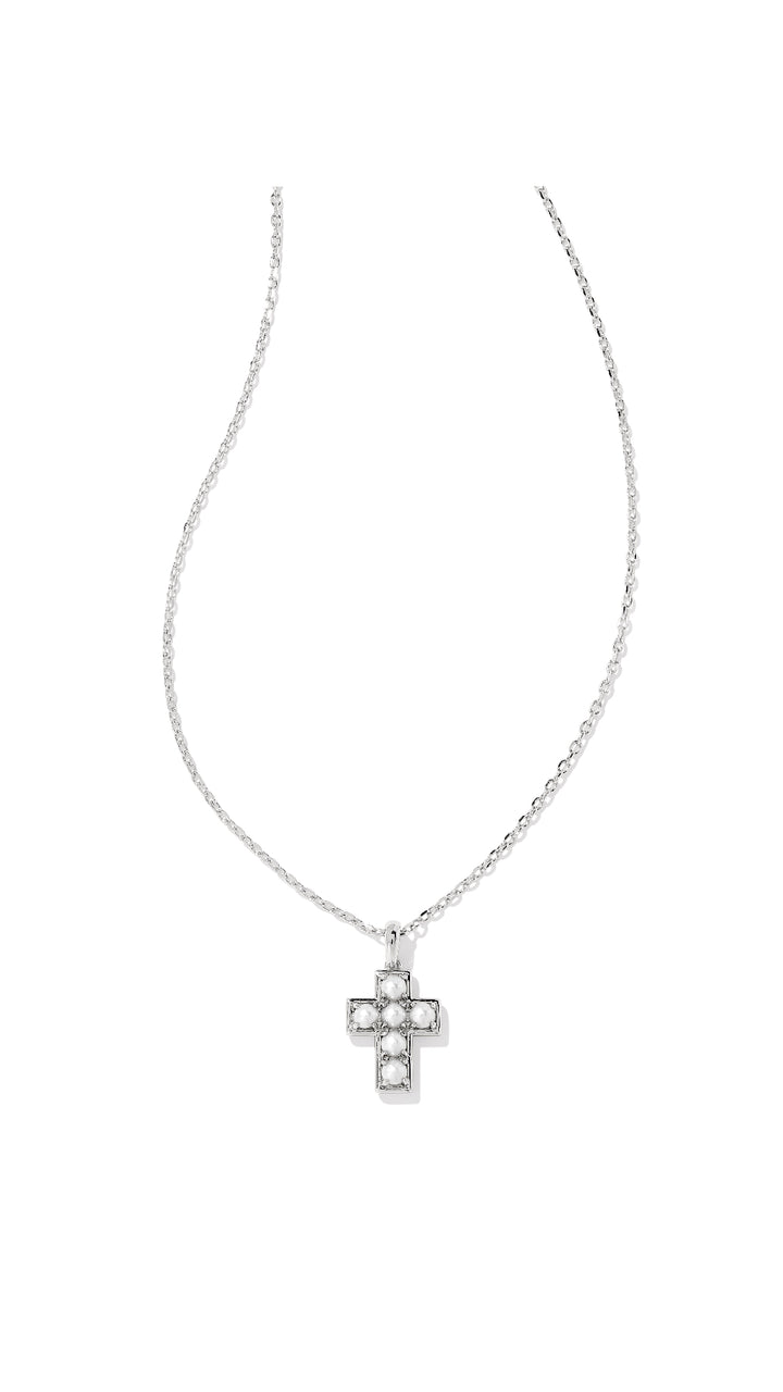 Cross Pendant Necklace Silver White Pearl