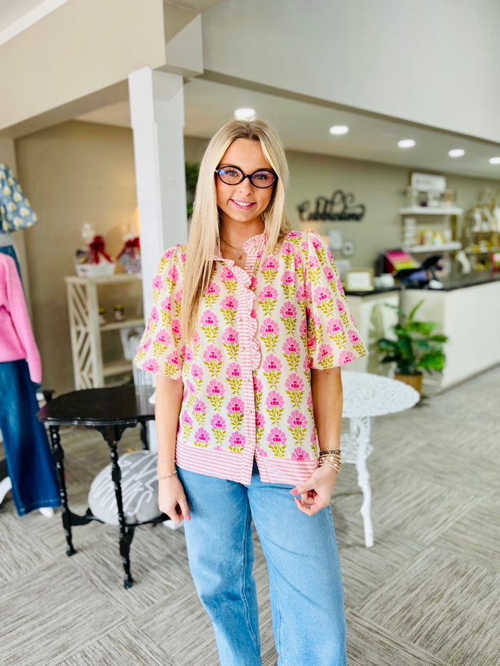 Pink Floral Button Top