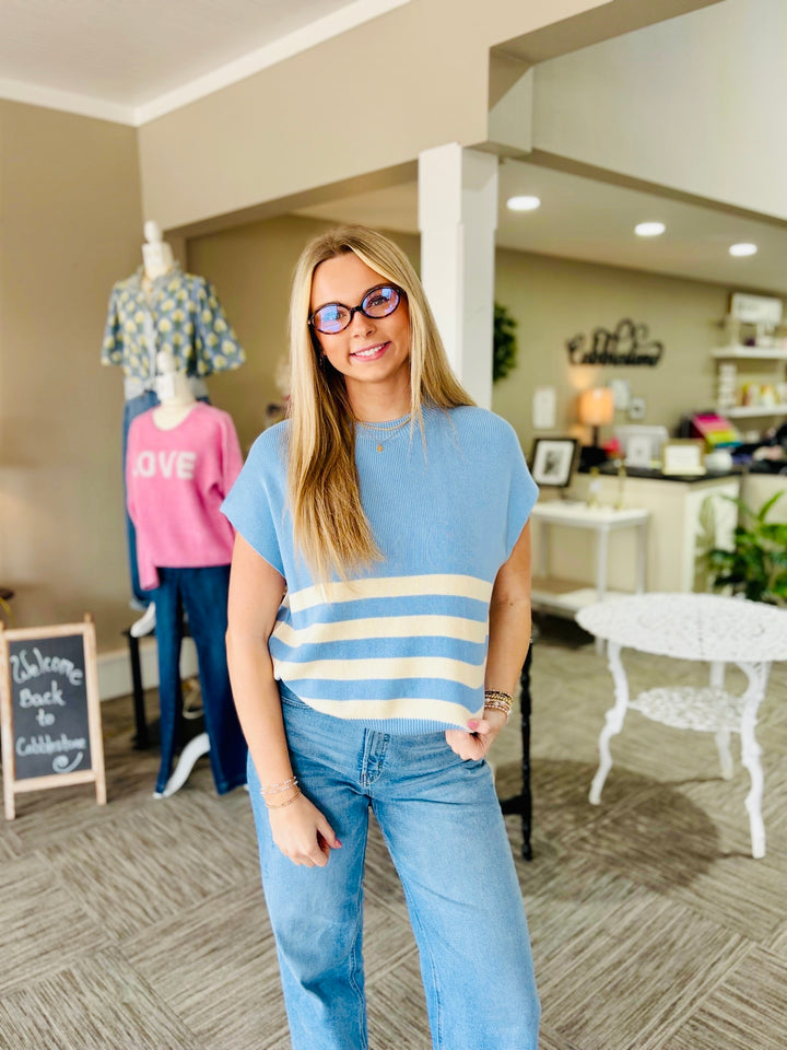 Blue Sleeveless Sweater with Stripes