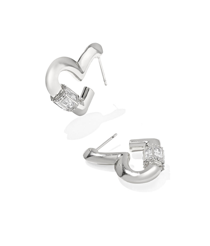Emery Heart Hoop Earrings Silver White CZ