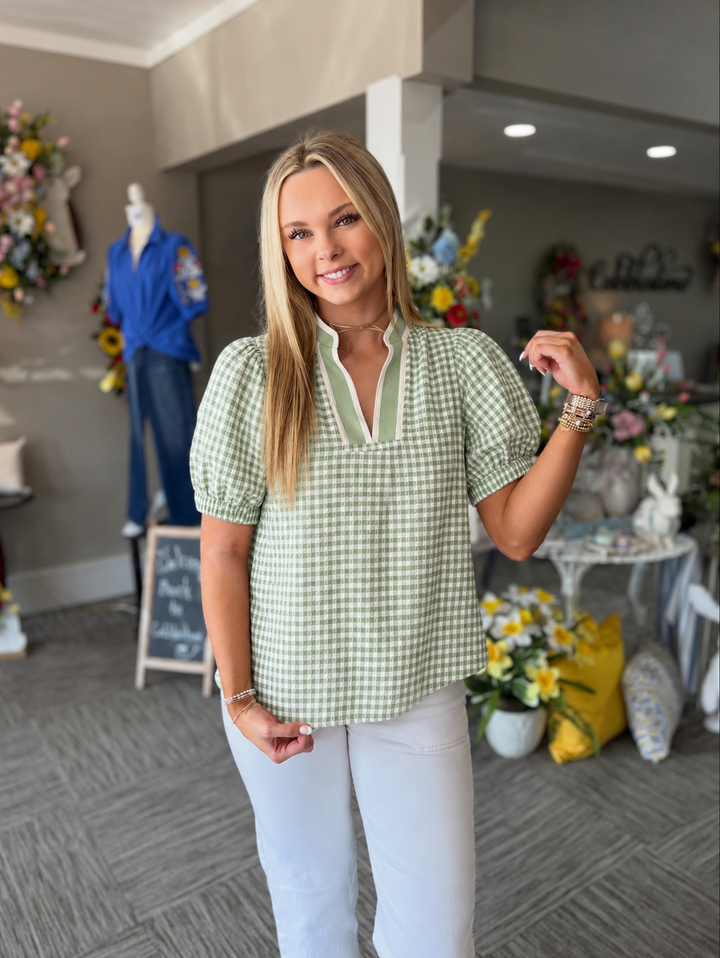 Green Gingham Split Neck Top