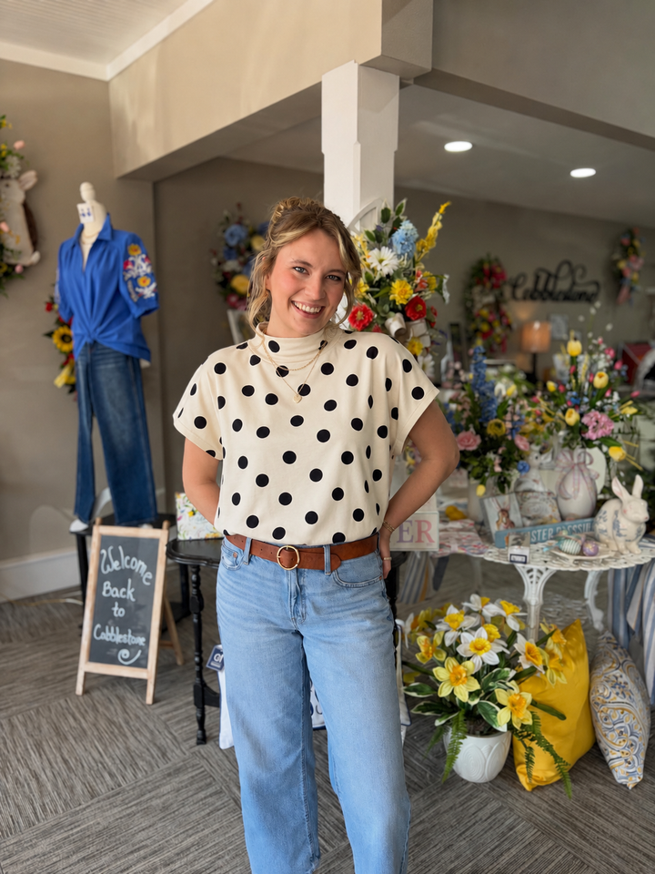 Polka Dot Print Mock Neck Top