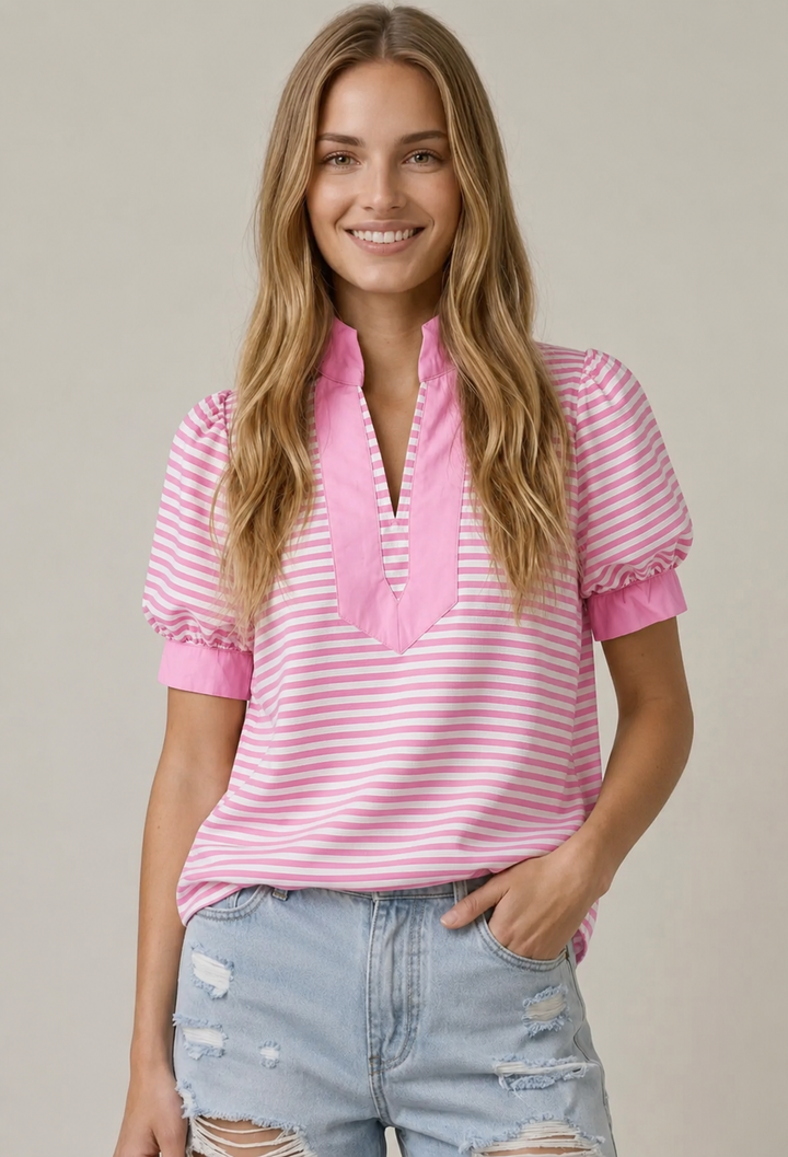 Pink Striped Split Neck Top