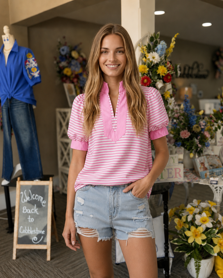Pink Striped Split Neck Top