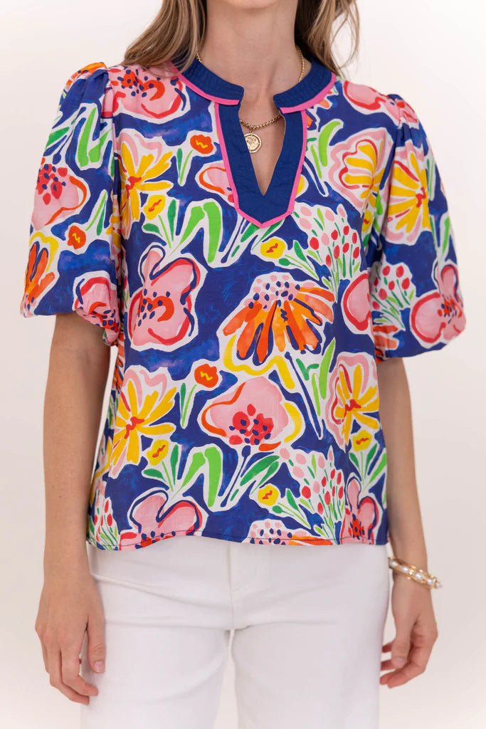 Bright Floral Split Neck Top