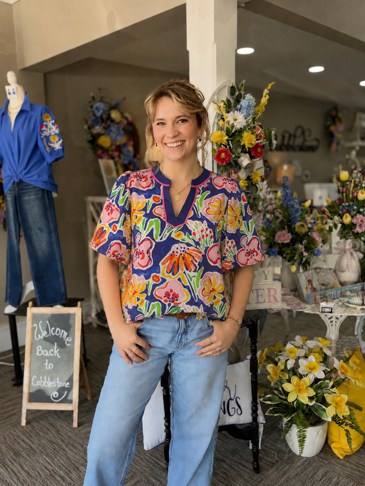Bright Floral Split Neck Top