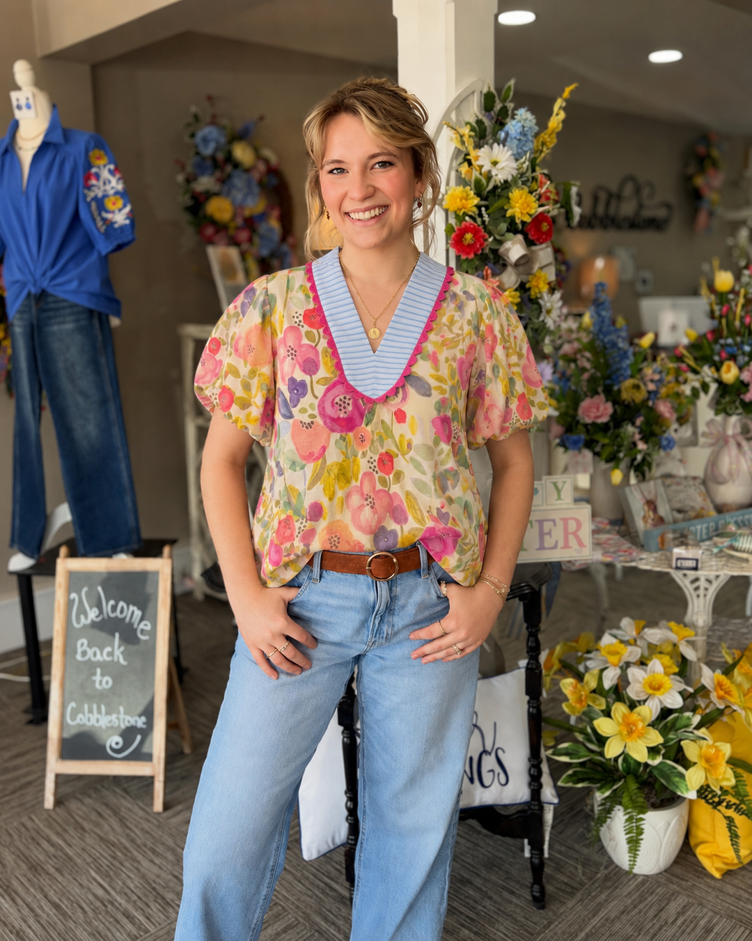 Floral Bubble V Neck Blouse