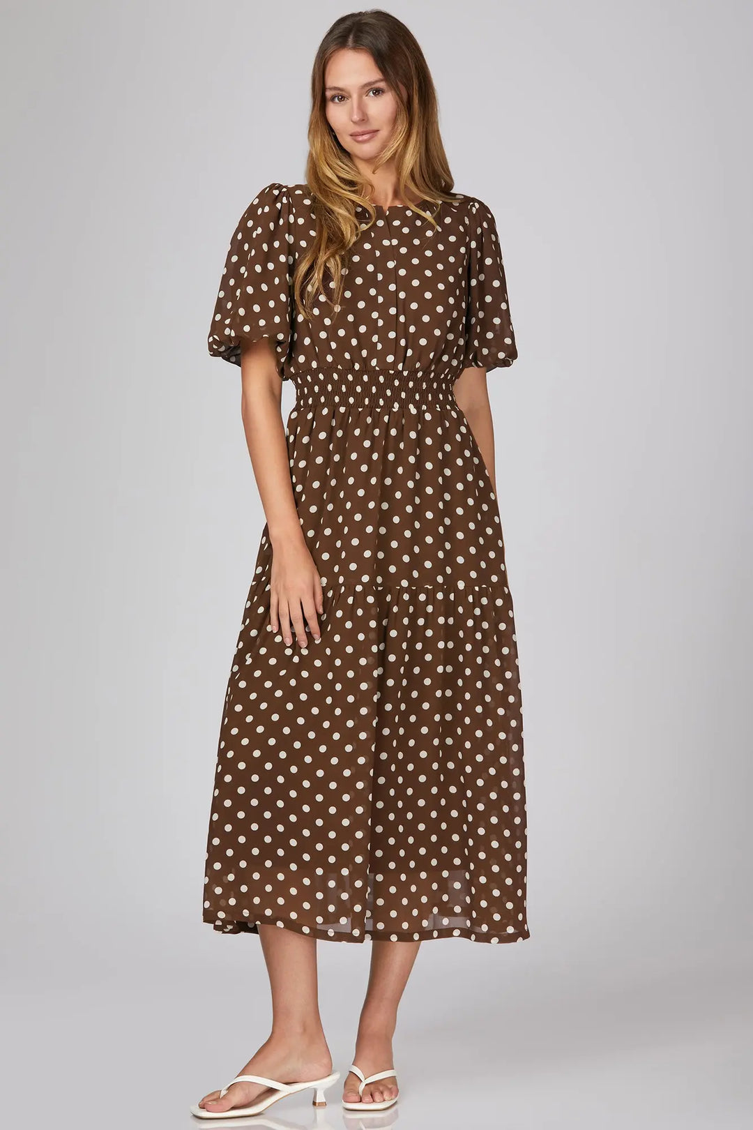 brown polka dot dress long sleeve Brown Polka Dot Balloon Sleeve Anya Midi Dress