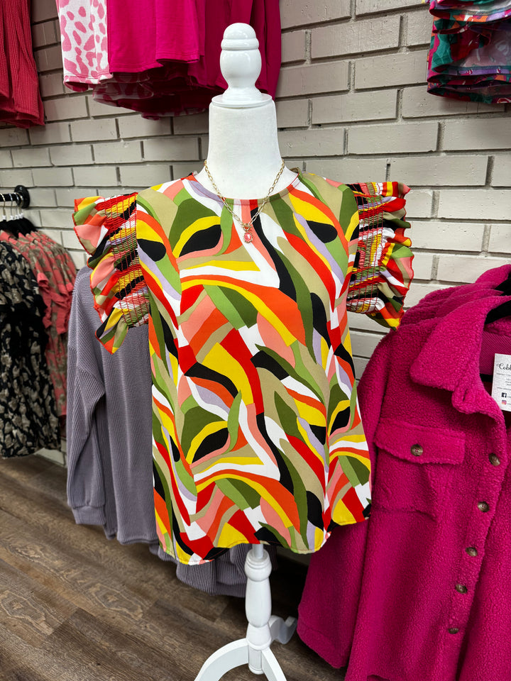 Colorful Geometric Smocked Top
