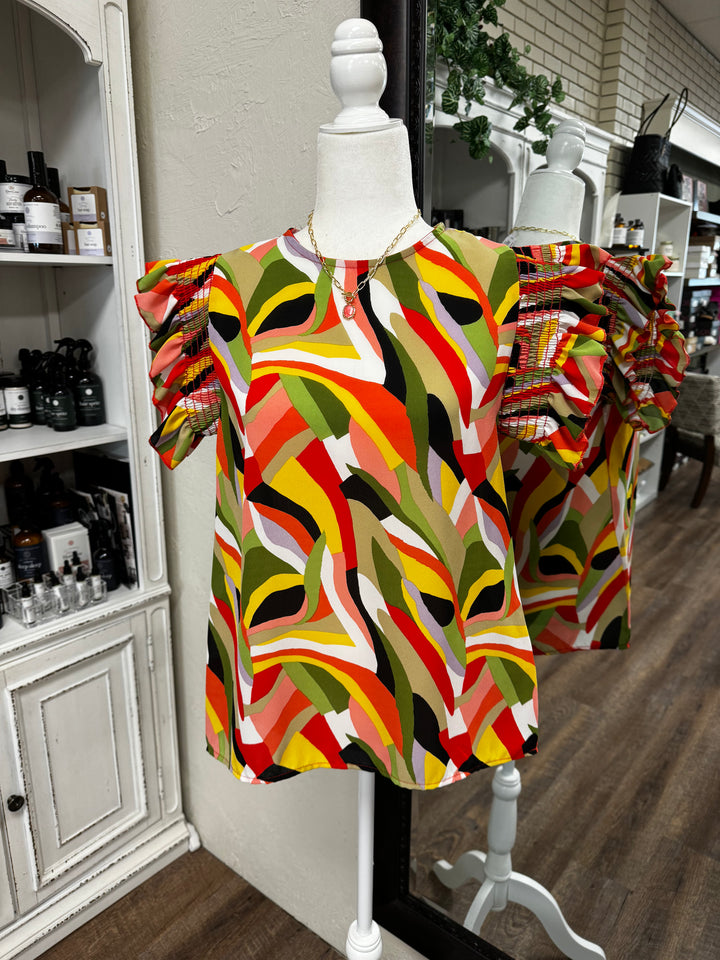 Colorful Geometric Smocked Top