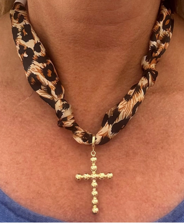 Cheetah Print Knotted Scarf Necklace with Cross Charm