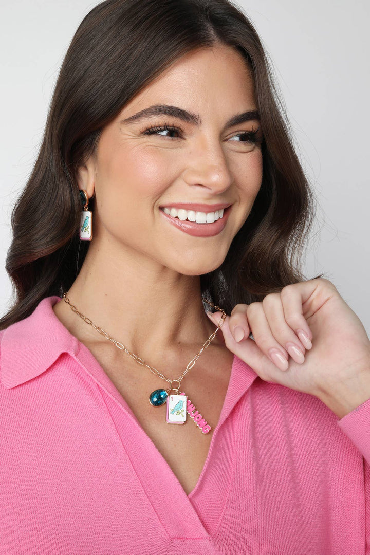 Bird Bam Charm Necklace in Aqua, Light Pink, & Shiny Gold