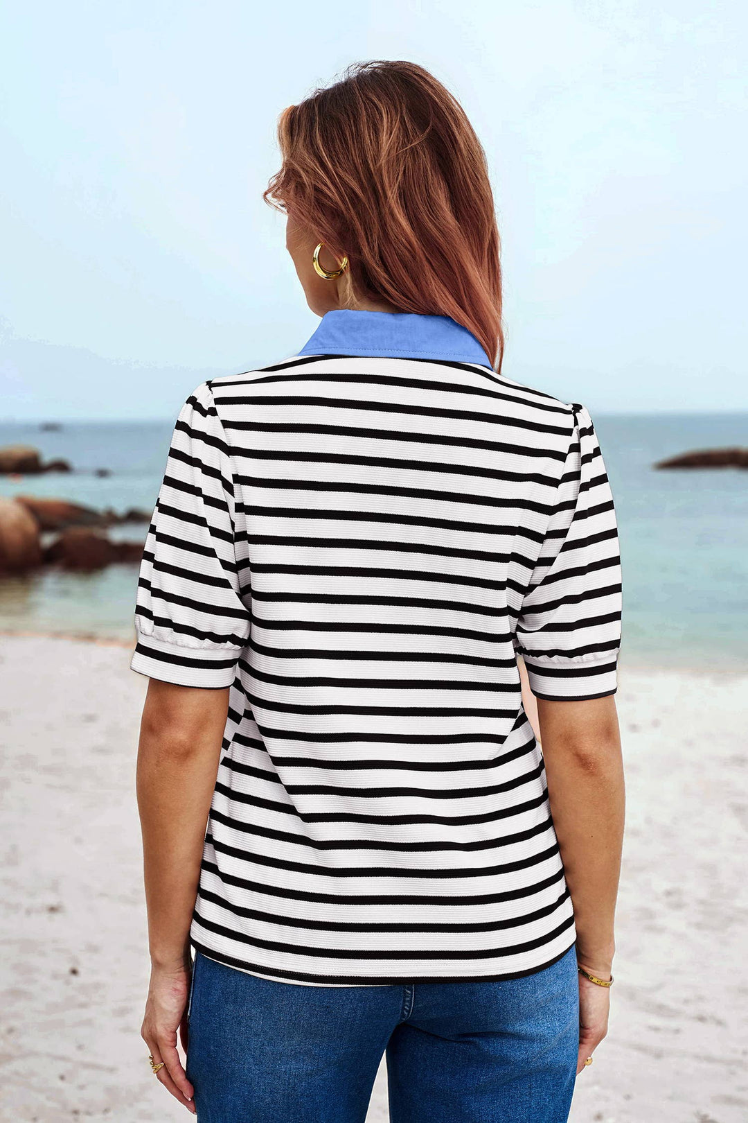 Blue collar striped blouse
