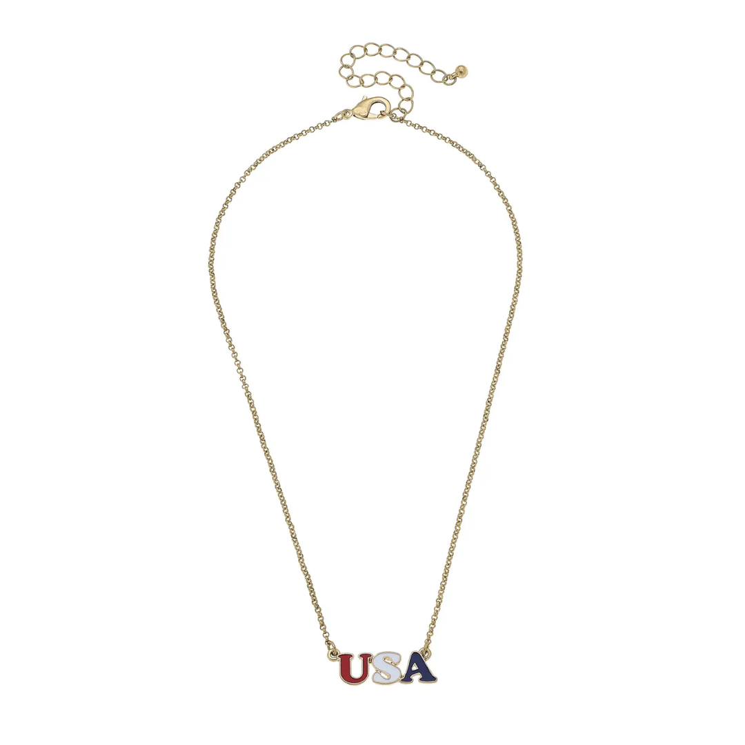 USA Enamel Necklace in Red, White, Blue, & Shiny Gold