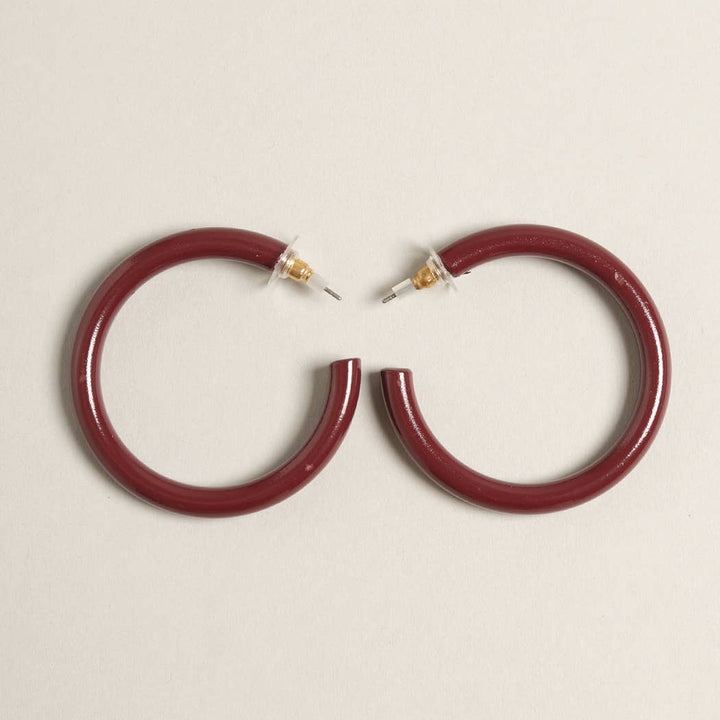 Large Maroon Polished Metal Hoop Post Earrings
