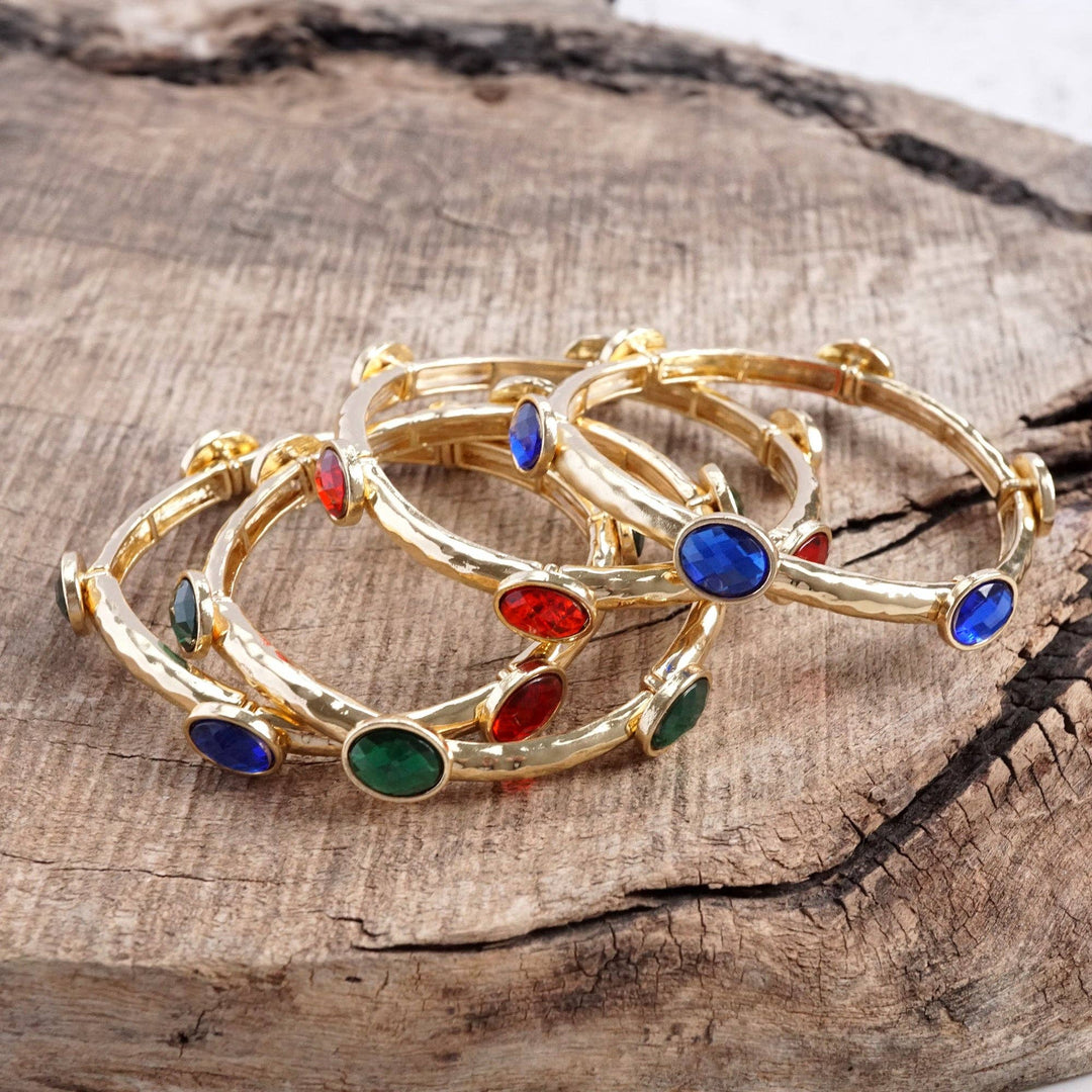 Jeweled Golden Bangle - with Faceted glass oval colorful jewels: Royal Blue