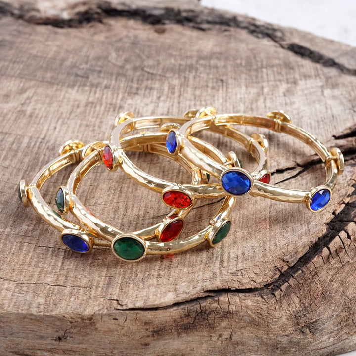 Jeweled Golden Bangle - with Faceted glass oval colorful jewels: Royal Blue