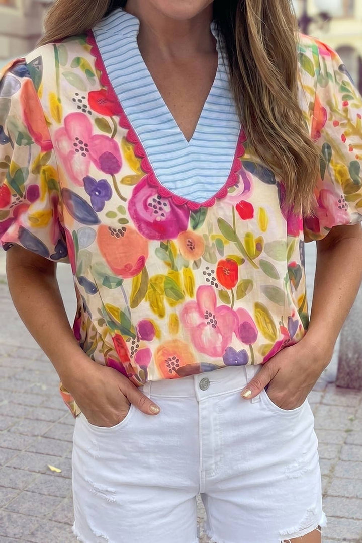 Floral Bubble V Neck Blouse