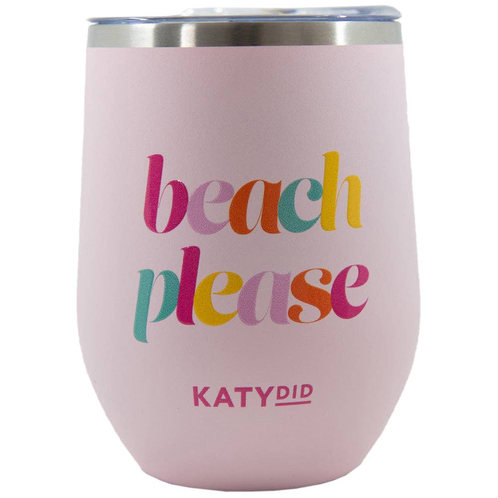 Beach Please 12 Oz WINE TUMBLER With Lid: Light Pink
