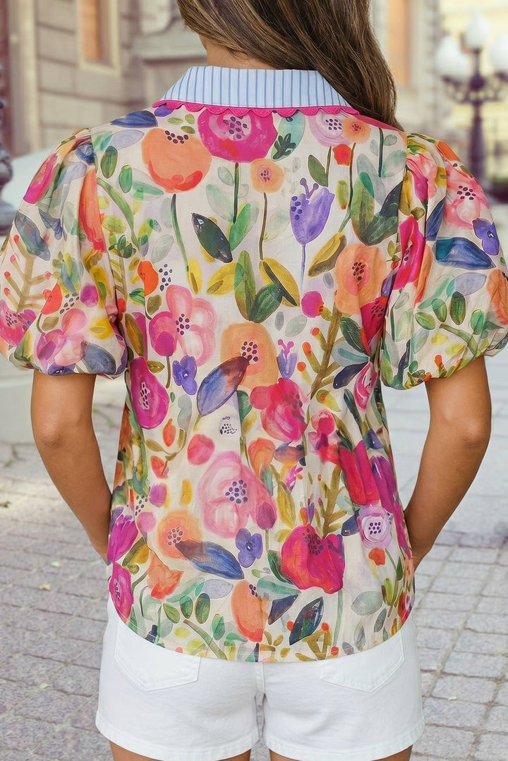 Floral Bubble V Neck Blouse