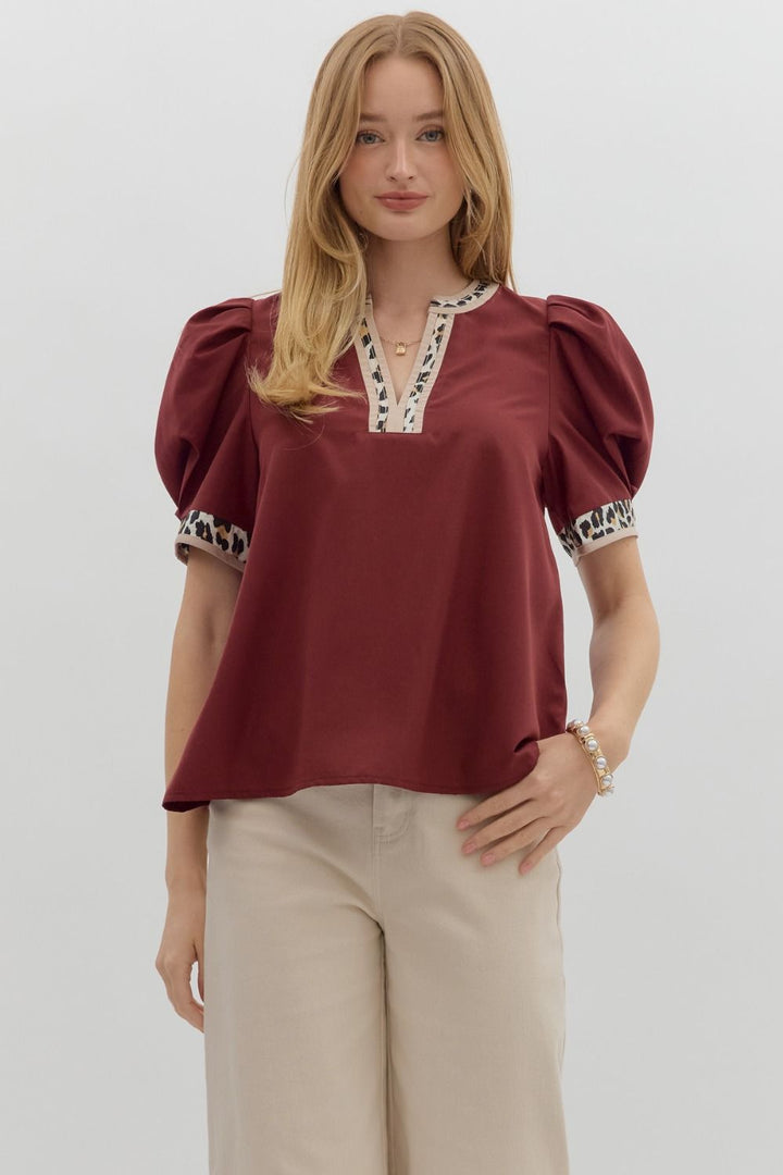 Maroon and Leopard Puff Sleeve Top