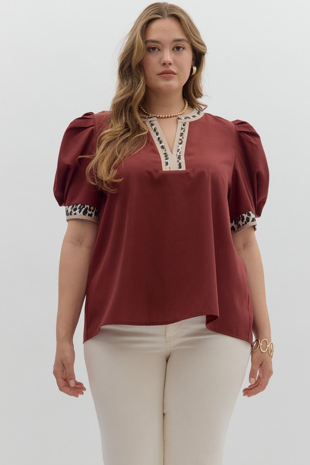 Maroon and Leopard Puff Sleeve Top