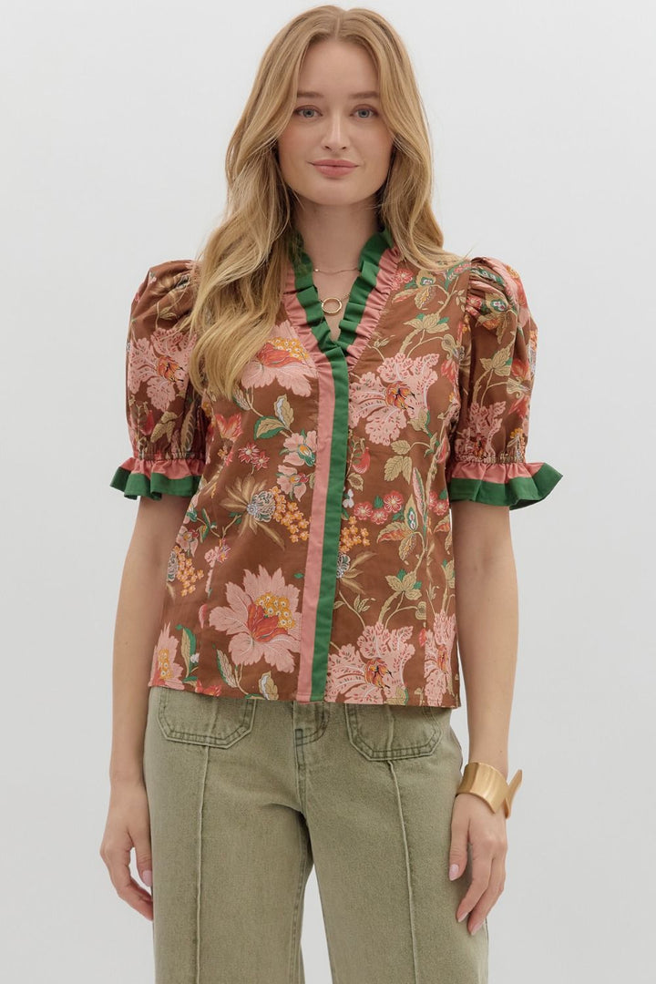 Brown Floral Puff Sleeve Top