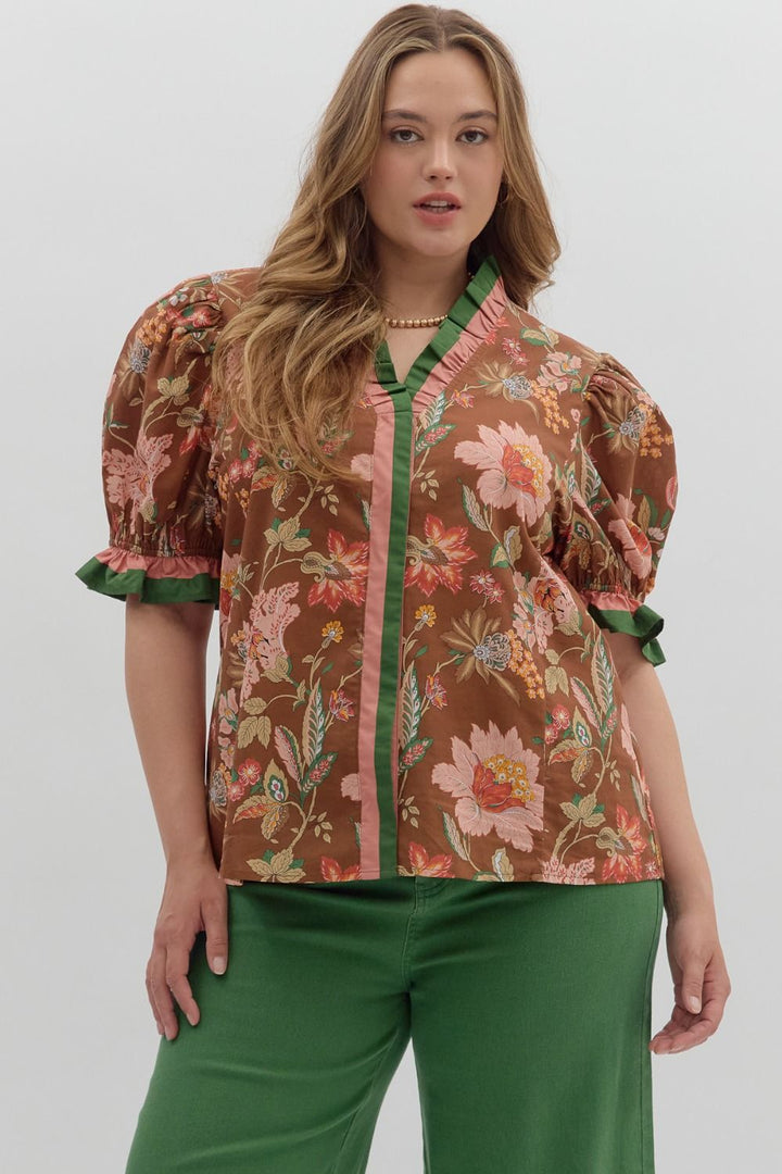 Brown Floral Puff Sleeve Top