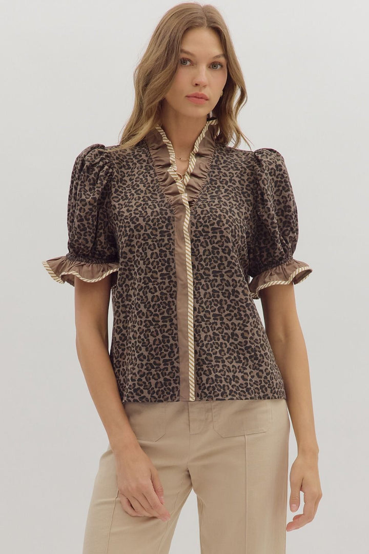 Taupe Leopard Top with Ruffle Neckline