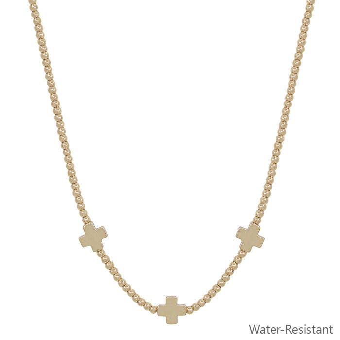 Water Resistant Gold Beaded with Gold Cross Shape 16"-18" Necklace