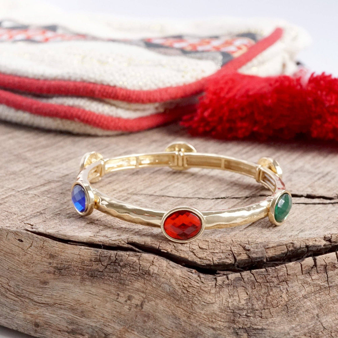 Jeweled Golden Bangle - with Faceted glass oval colorful jewels: Royal Blue