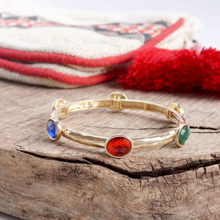 Jeweled Golden Bangle - with Faceted glass oval colorful jewels: Royal Blue